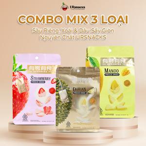 [COMBO MIX 3 LOẠI]  Sầu Riêng, Xoài & Dâu Sấy Giòn Nguyên Chất URSNACKS