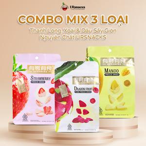 [COMBO MIX 3 LOẠI]  Thanh Long, Xoài & Dâu Sấy Giòn Nguyên Chất URSNACKS