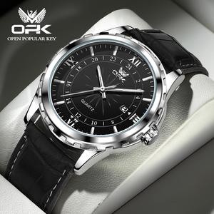 OPK Đồng hồ nam dây da Nguyên bản dạ quang chống nước thương mại Lịch Chống mài mòn và chống trầy xước Thạch Anh đồng hồ 6003