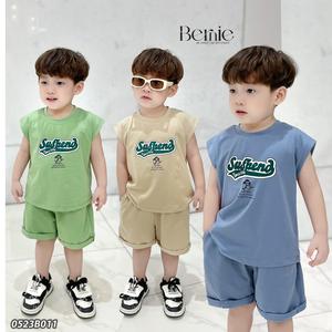 Bộ cộc tay bé trai cotton in chữ Sushend Bernie - Bộ áo sát nách bé trai cho bé từ 9-22kg- 0523B011 Vải Cotton