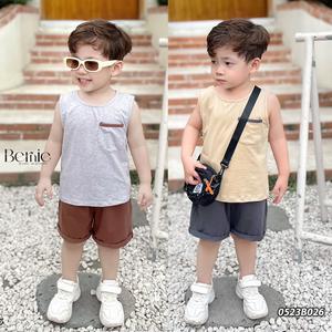 Bộ ba lỗ bé trai túi viền Bernie - Bộ cộc tay bé trai mùa hè áo sát nách cotton cho bé từ 9-22kg - 0523B026