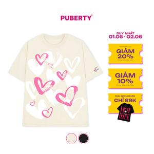 áo thun unisex oversize local brand PUBERTY FEELING LOVE TEE Nữ Cổ Tròn Kem Đen