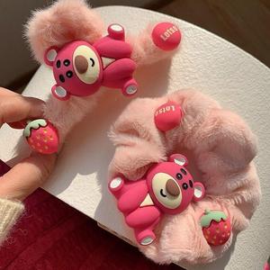 Set 2 kẹp tóc và dây buộc tóc bằng lông nhung hoạt hình gấu dâu hồng dễ thương Women Nữ Hoa Hàng ngày