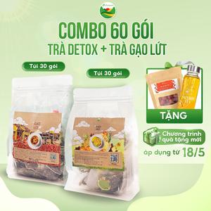 Combo 60 gói Trà Gạo Lứt + trà Detox tặng bình nước trà thủy tinh và gói táo đỏ