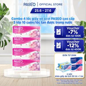 Combo 4 lốc giấy vệ sinh PASEO 10 cuộn 3 lớp mềm mịn cao cấp tan được trong nước