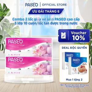 Combo 2 lốc giấy vệ sinh PASEO 10 cuộn 3 lớp mềm mịn cao cấp tan được trong nước