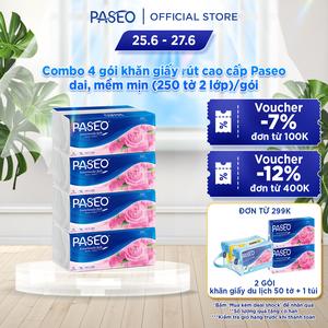 Combo 4 gói khăn giấy rút lau mặt Paseo 250 tờ 2 lớp cao cấp an toàn cho da