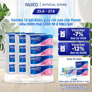 Combo 12 gói khăn giấy rút lau mặt Paseo 250 tờ 2 lớp cao cấp an toàn cho da