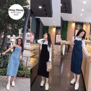 Đầm Váy yếm bò nữ dáng dài chữ A 2 dây phong cách ulzzang Hàn Quốc phối túi trước ngực năng động trẻ trung 3 màu Xanh, Đen và Xanh nhạt Women Dress Voan