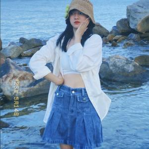 Chân váy jeans xếp ly tiểu thư dáng ngắn túi trước phong cách Ulzzang Hàn Quốc