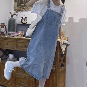 Yếm Jeans nữ dáng dài xẻ trước phối túi lớn trước ngực dịu dàng nữ tính phong cách Hàn Quốc Dress Women KoKo store