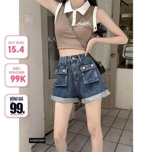 Quần jeans nữ ngăn cap cao ống rộng túi hộp 2 bên sắn gấu, quần short nữ tôn dáng xanh đậm hot trend KoKo QS03 Voi Pants