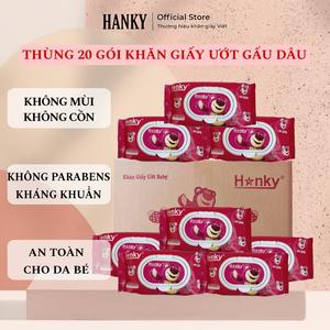 Thùng 20 gói khăn ướt gấu dâu Hanky không mùi không cồn 60 tờ vải bi cấp