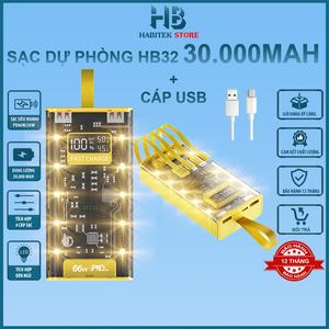 [Sẵn Cáp USB] Sạc Dự Phòng HB32 30.000MAH, Sạc Nhanh PD 66W/20W, Thiết Kế Trong Suốt, Có Đồng Hồ Hiển Thị %Pin, Hiệu Điện Thế U(V), Cường Độ Dòng Điện I (Ampe) Có Đèn Ngủ Siêu, Bảo Hành 12 Tháng