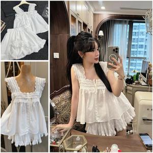 Sét Bộ Trắng Áo 2 DâY Phối viền ren Mix Đường Cúc Kèm Chân váy xoè Ngắn Xinh Xắn