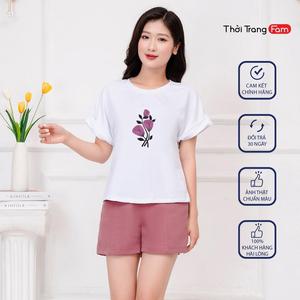 Áo thun nữ Dáng cánh dơi vừa Cổ tròn Chất cotton mềm mịn thấm mồ hôi In họa tiết HOA TÍM - thương hiệu FAM