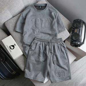 Bộ quần áo nam cổ tròn thể thảo chất liệu da lộn cao cấp có chữ dập nổi 3D, lịch sự (POLOUMAOR)  Chạy Bộ Sport Top 【 top h30 】 màu xám nhạt thường xxl đồng hồ màu đen bodonam