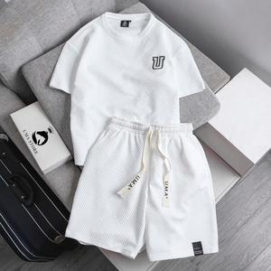 Bộ quần áo xốp nam nữ cổ tròn ngắn tay thêu hình Kẻ sọc Tay ngắn dây rút bản to Có thể giặt bằng máy ba màu đen trắng xám (POLOUMAOR) Menswear